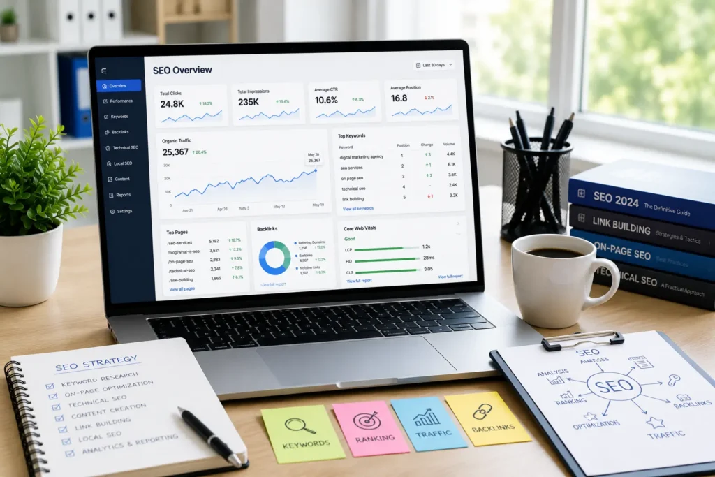 SEO performance graphs and reporting dashboard